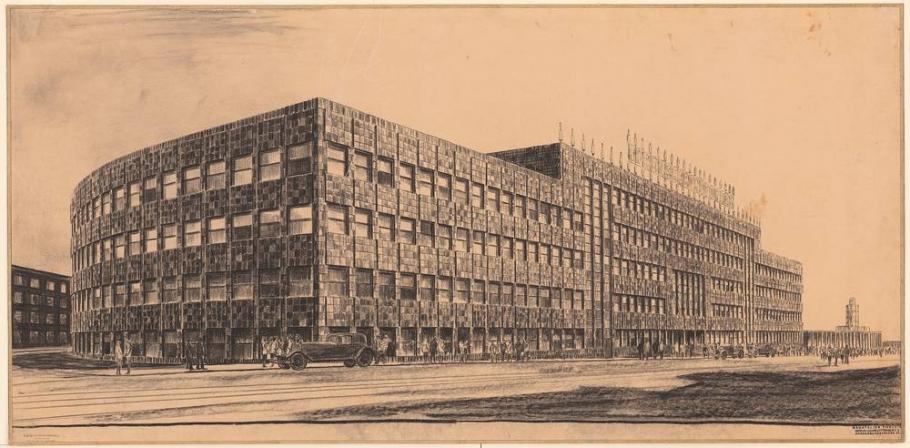 Haus des Rundfunks, Charlottenburg, Berlin; Perspective view of Masurenallee Ca. 1928/29; Charcoal on tracing paper72,7 x 147,9 cm