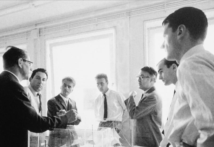 Discussion on the Olympic Stadium Munich 1976; (left to right) H. Isler, F. Auer, F. Otto, J. Schlaich, F. Leonhardt, R. Bergermann and K. Gabriel; source: A. Bögle, 2003