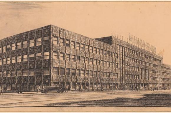 Haus des Rundfunks, Charlottenburg, Berlin; Perspective view of Masurenallee Ca. 1928/29; Charcoal on tracing paper72,7 x 147,9 cm