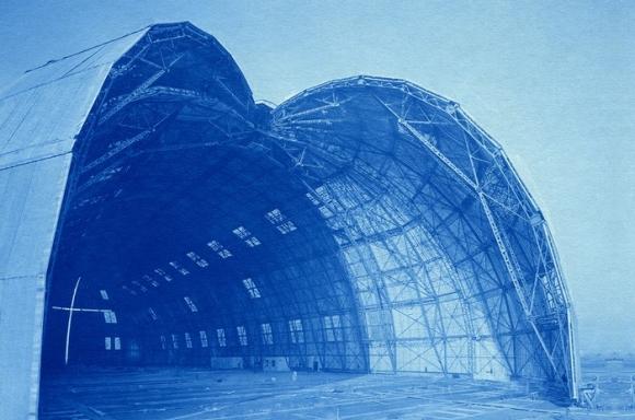 Städtische Luftschiffhalle Dresden im Bau, Cyanotypie von 1913